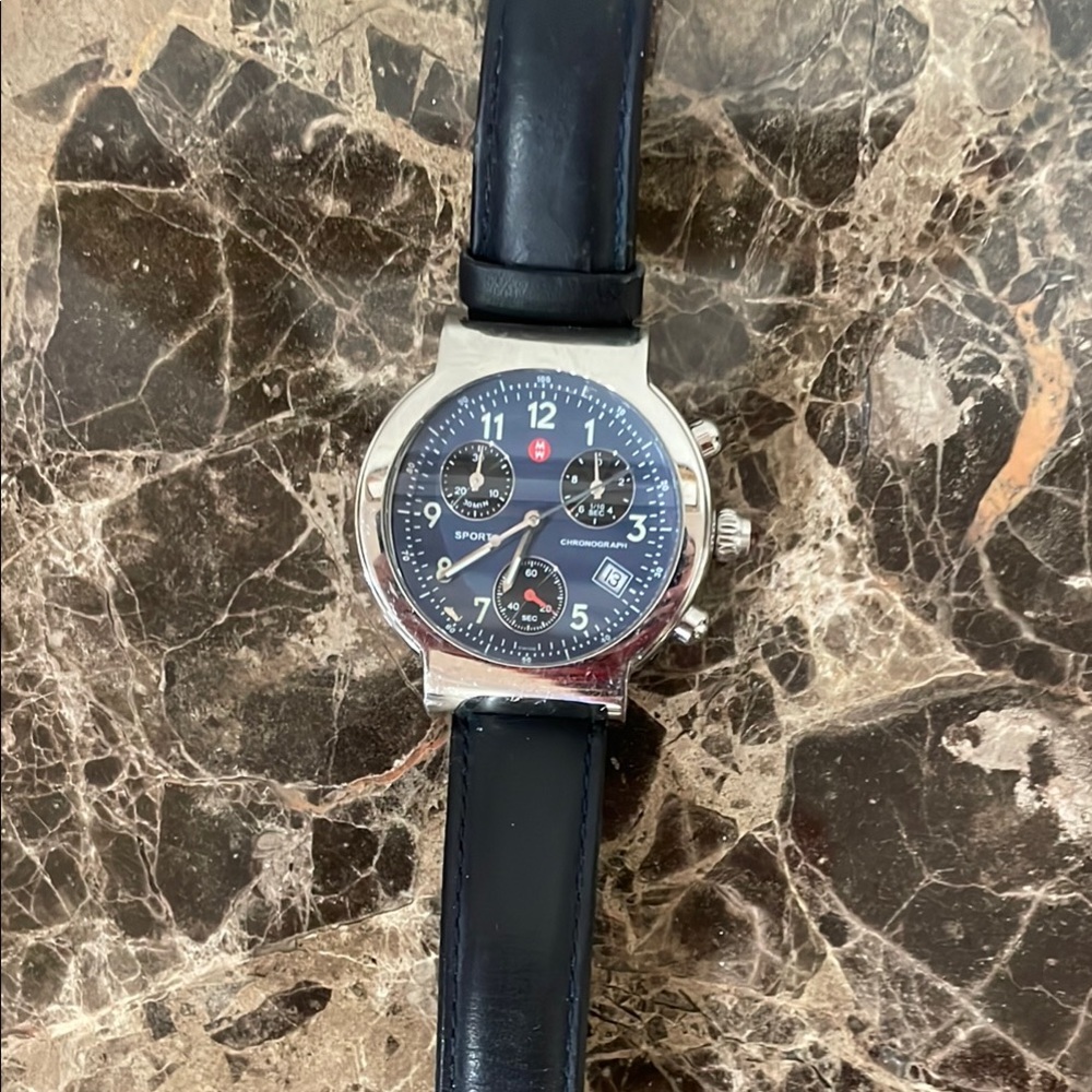 Sport Chronograph Watch with Black Leather Strap